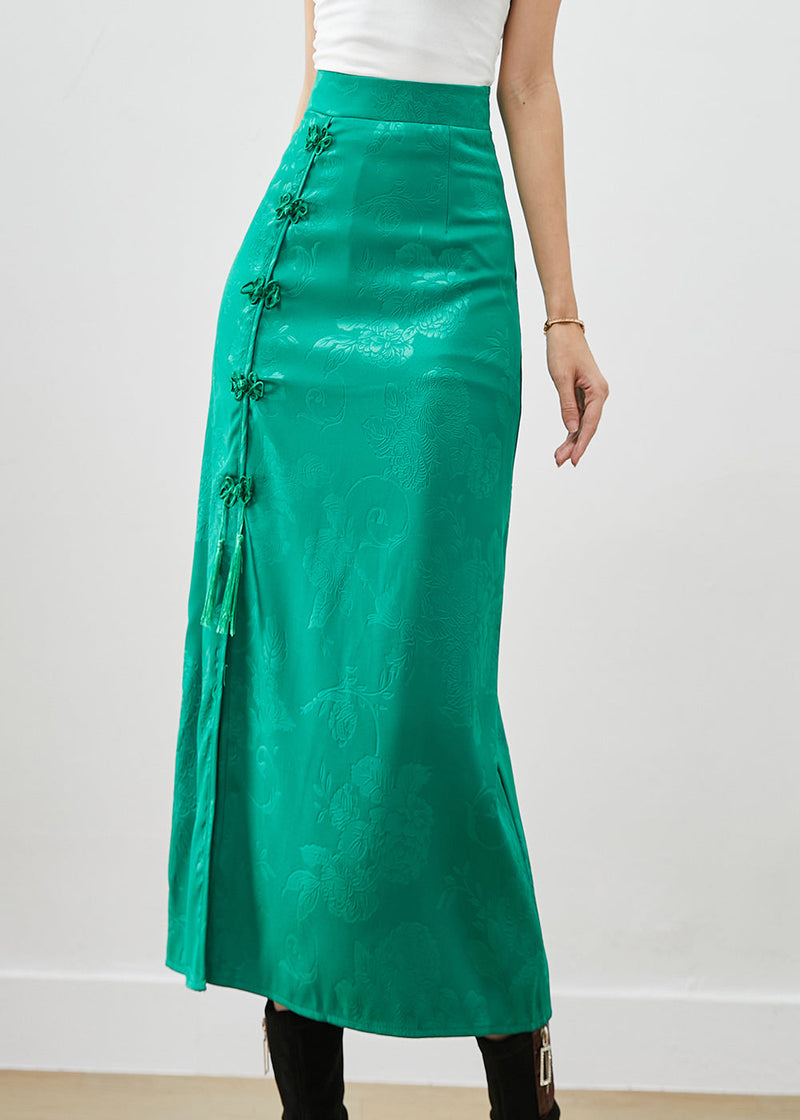 Green Jacquard Chinese Button Silk Wraped Skirt Fall