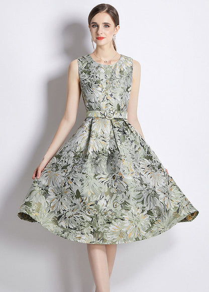Green Jacquard Wrinkled Tie Waist Patchwork Cotton Mid Dress Sleeveless