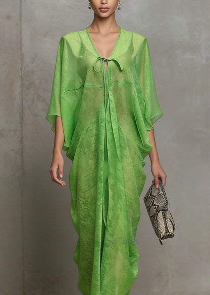 Green Lace Up Chiffon Vacation Dress Summer