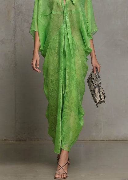 Green Lace Up Chiffon Vacation Dress Summer
