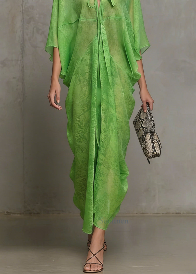 Green Lace Up Chiffon Vacation Dress Summer