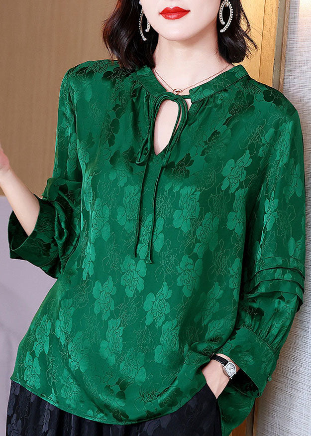Green Lace Up Jacquard Patchwork Silk Shirt Tops Fall