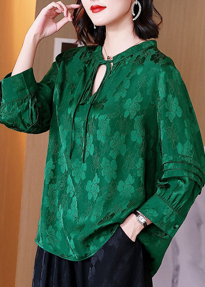 Green Lace Up Jacquard Patchwork Silk Shirt Tops Fall