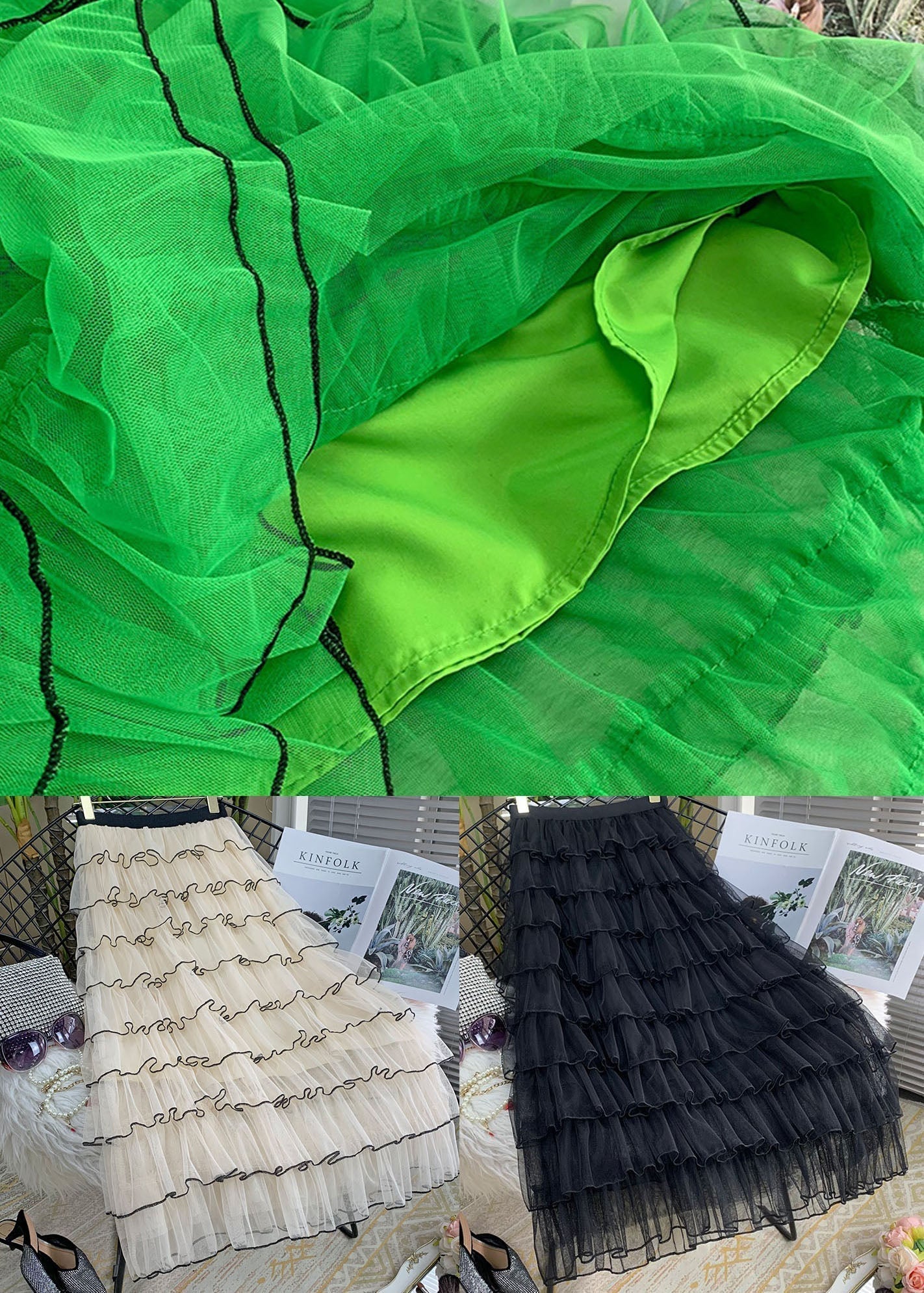 Green Layered Design Ruffled Tulle Skirts Summer