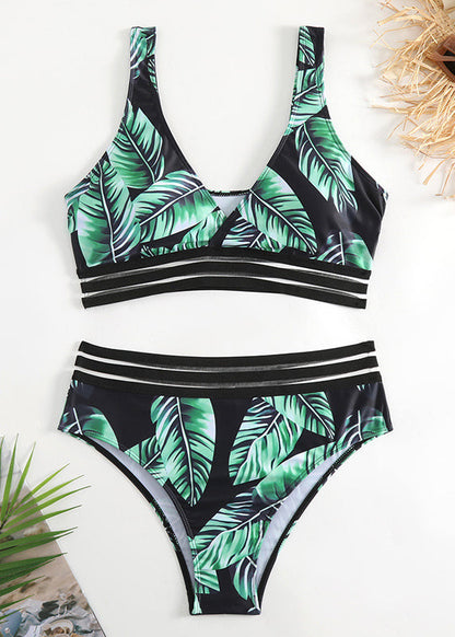 Green Leaf Printed High Waisted Split Bikini Swimwear Set
