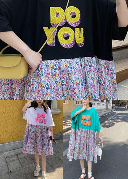 Green Loose Graphic a Line Summer Sundress Half Sleeve