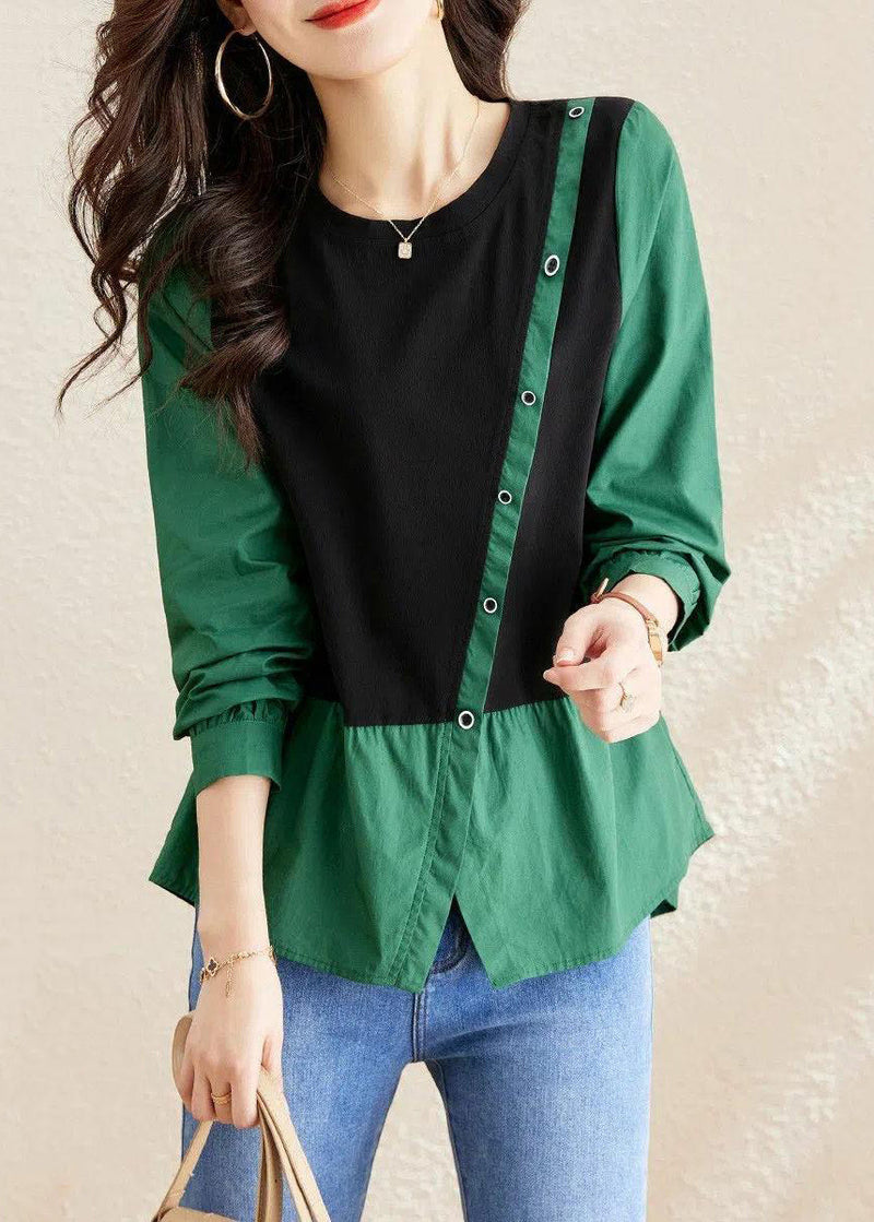 Green O-neck Asymmetrical Patchwork Wrinkled Top Long Sleeve