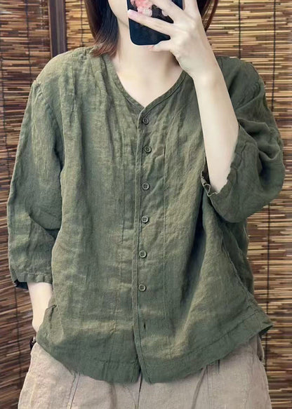 Green O Neck Button Linen Shirt Summer