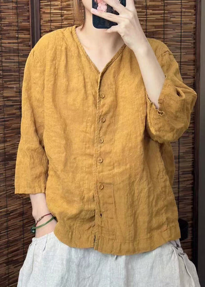 Green O Neck Button Linen Shirt Summer