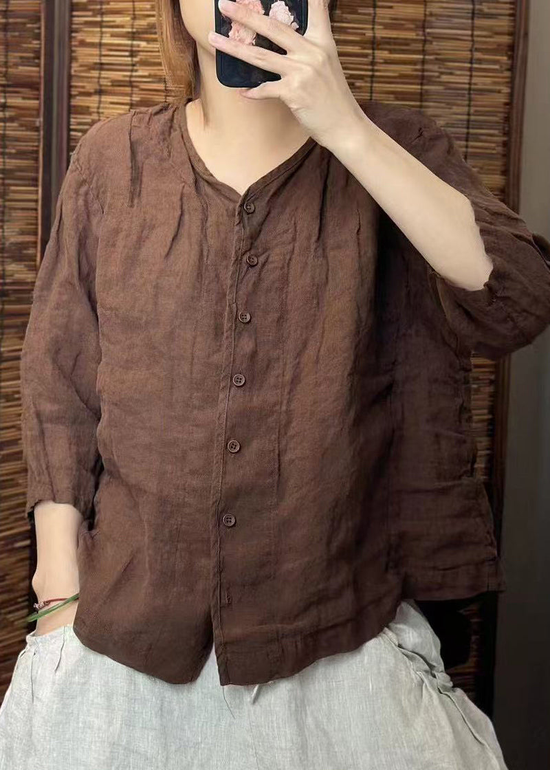 Green O Neck Button Linen Shirt Summer