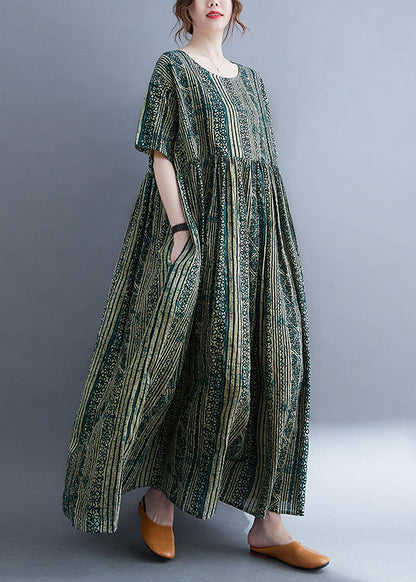 Green O-neck Cinched Print Extra Large Hem Long Dresses Short Sleeve