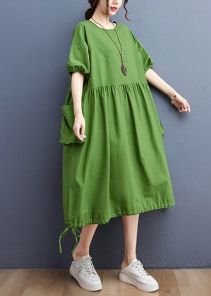 Green O-neck Cinched Drawstring Pocket Vacation Dresses Short Sleeve