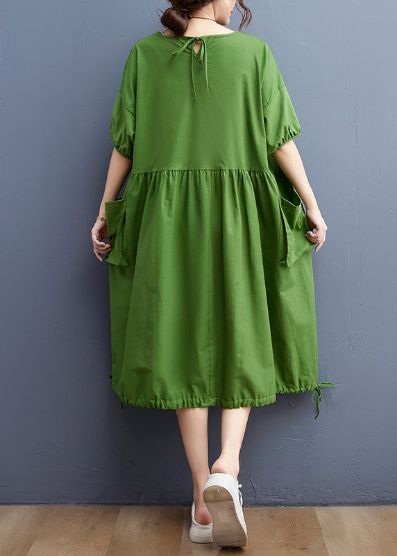 Green O-neck Cinched Drawstring Pocket Vacation Dresses Short Sleeve