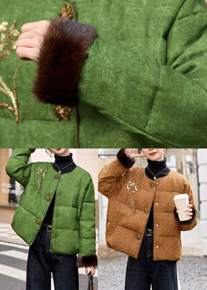 Green O-neck Embroidered Duck Down Jacket in Winter