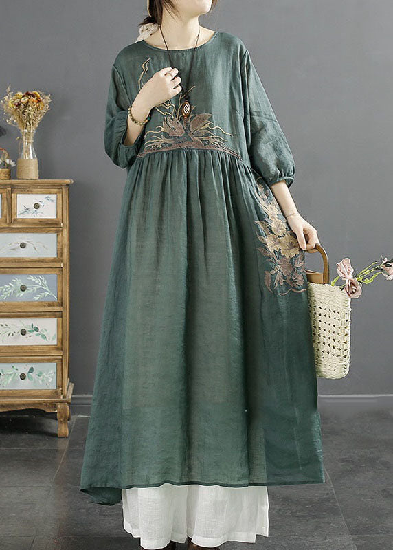 Green O-neck Embroideried Patchwork Linen Long Dresses Bracelet Sleeve