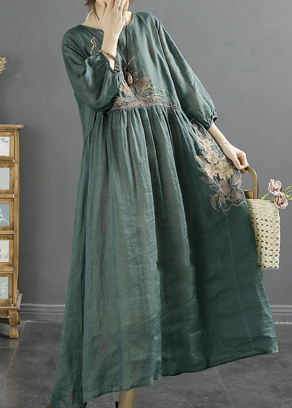 Green O-neck Embroideried Patchwork Linen Long Dresses Bracelet Sleeve