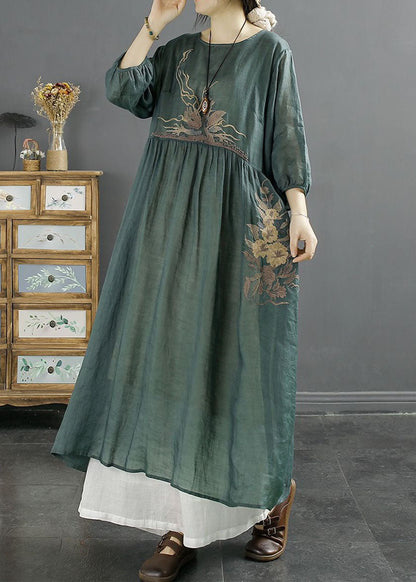 Green O-neck Embroideried Patchwork Linen Long Dresses Bracelet Sleeve