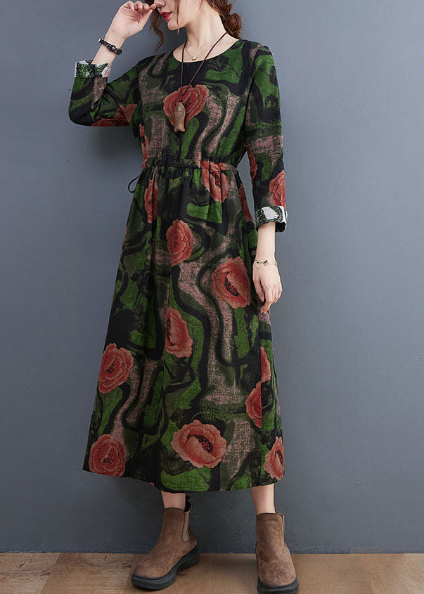 Green O-neck Print Cotton Long Dress Long Sleeve