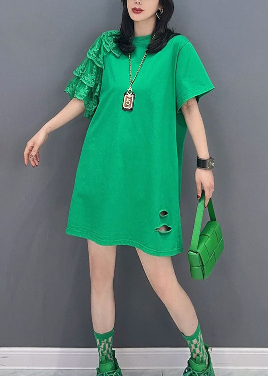 Green O Neck Lace Patchwork Cotton T Shirt Summer