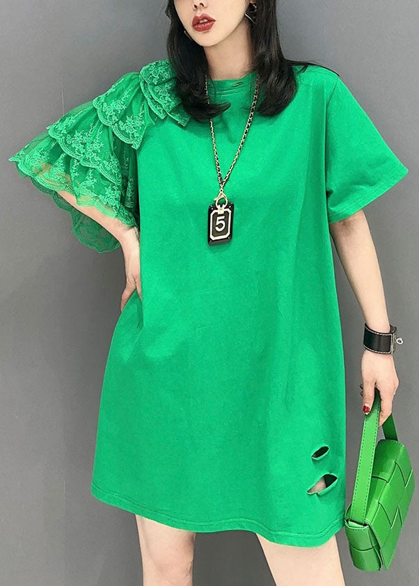 Green O Neck Lace Patchwork Cotton T Shirt Summer