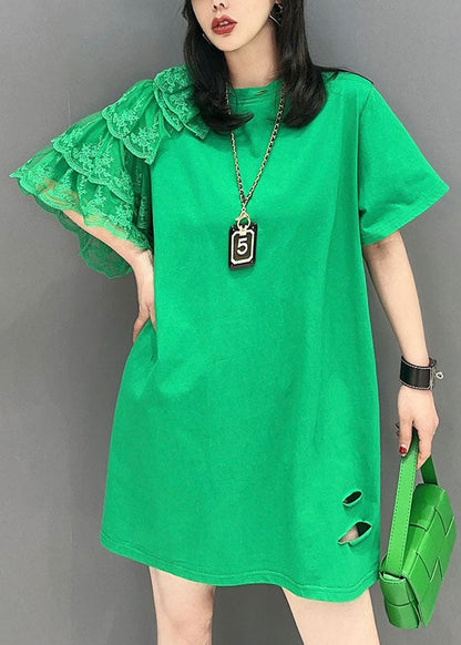 Green O Neck Lace Patchwork Cotton T Shirt Summer