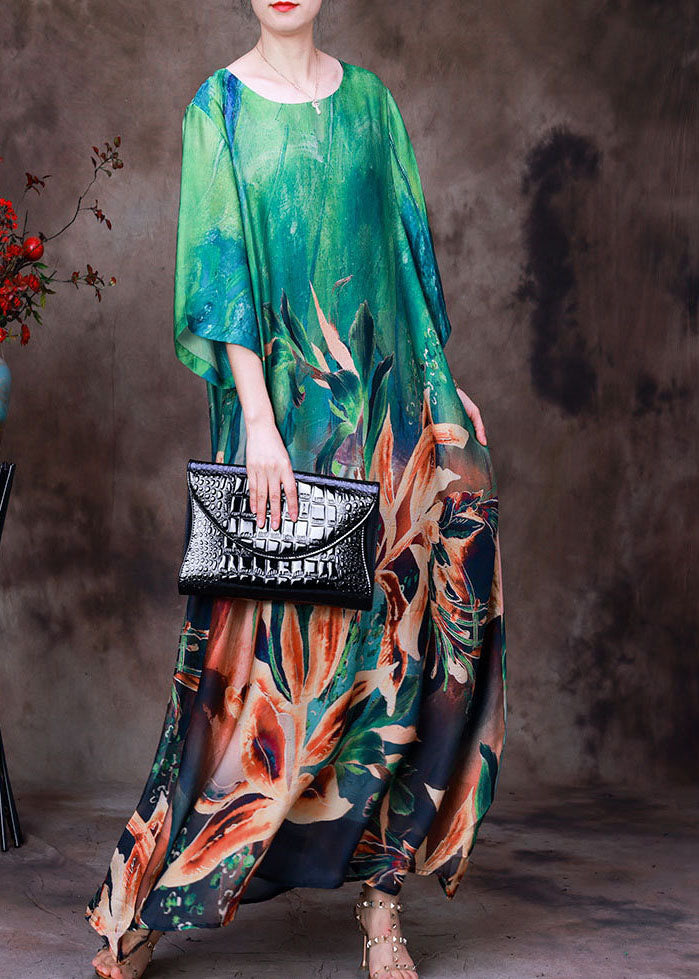 Green O-neck Oversized Print Pockets Silk Beach Dresses Bracelet Sleeve