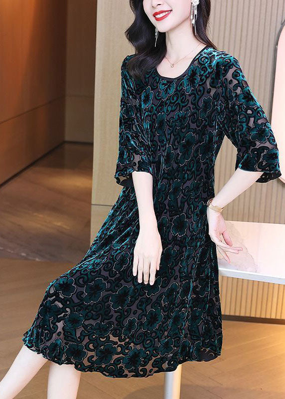 Green O-neck Oversized Print Silk Velour Party Dress Half Sleeve