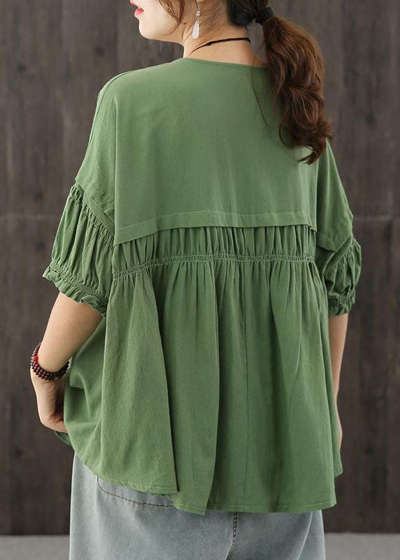 Green O-neck Patchwork Button Wrinkled Fall Half Sleeve Top