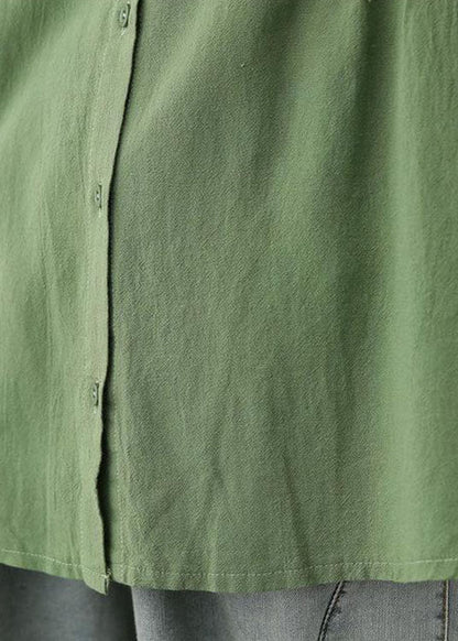 Green O-neck Patchwork Button Wrinkled Fall Half Sleeve Top