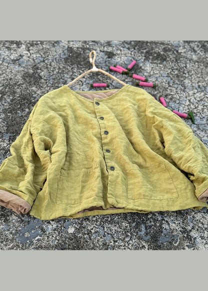 Green O Neck Pockets Button Linen Loose Coat Fall