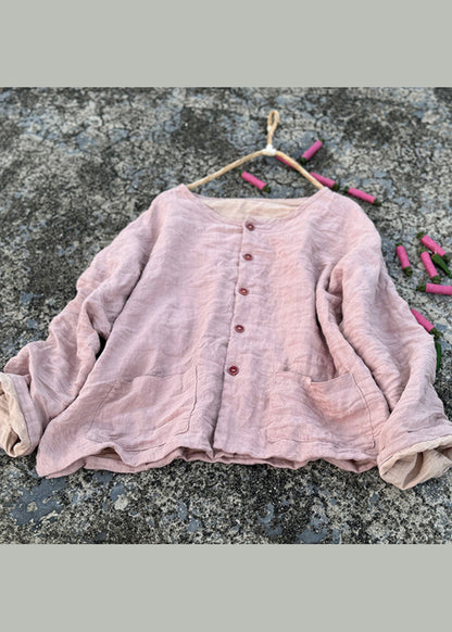 Green O Neck Pockets Button Linen Loose Coat Fall