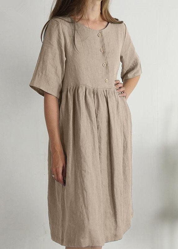 Green O Neck Pockets Wrinkled Patchwork Linen Dress Summer