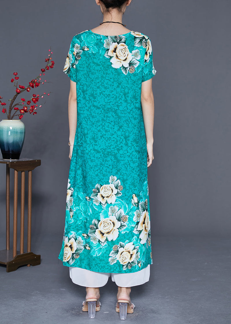 Green O-neck Print Cotton Robe Dresses Summer