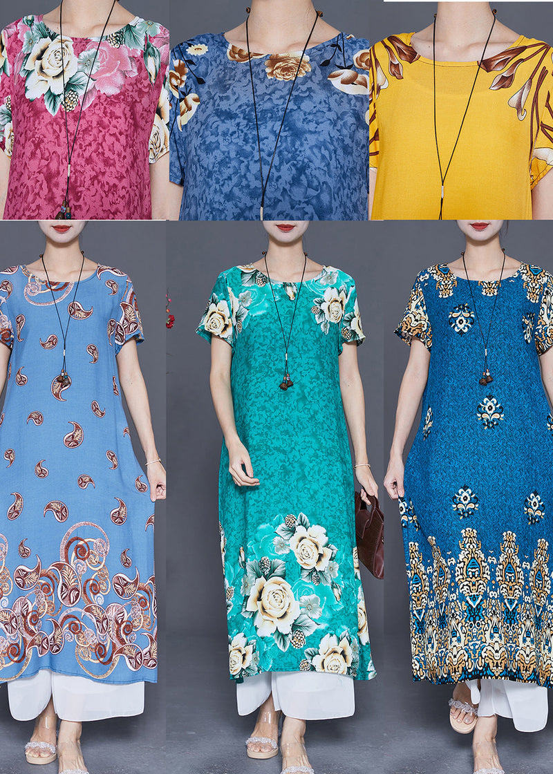 Green O-neck Print Cotton Robe Dresses Summer