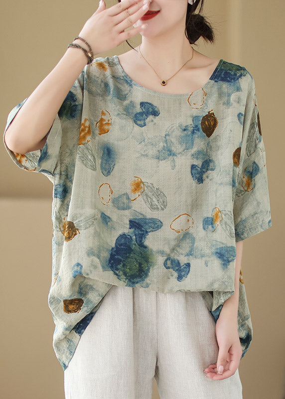Green O-neck Print Cotton Tops Summer