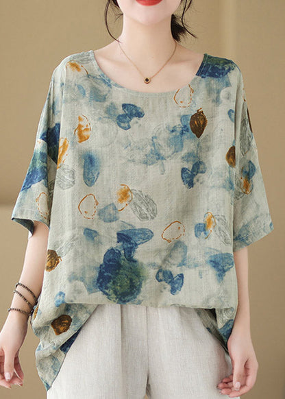 Green O-neck Print Cotton Tops Summer
