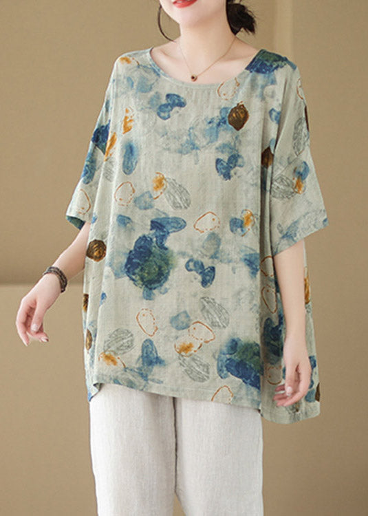 Green O-neck Print Cotton Tops Summer