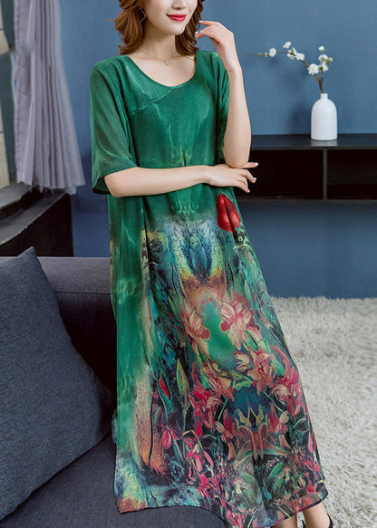 Green O Neck Print Patchwork Chiffon Dress Summer