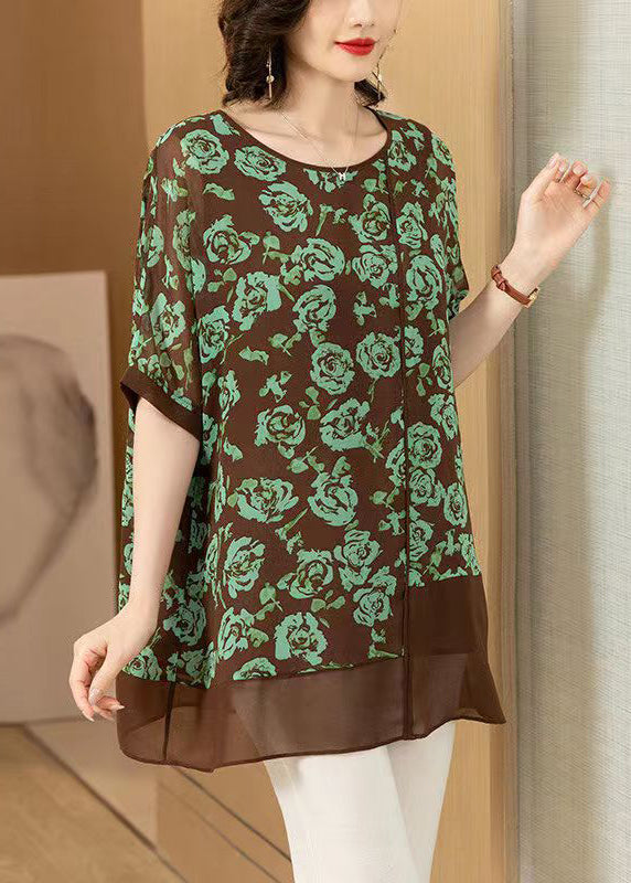 Green O Neck Print Patchwork Chiffon T Shirt Summer