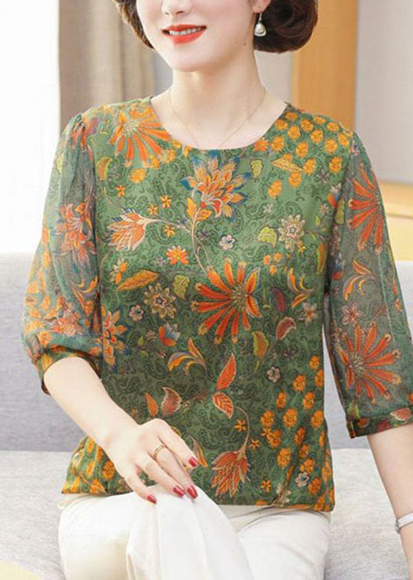 Green O Neck Print Patchwork Chiffon Tops Summer