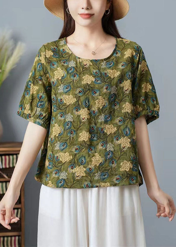 Green O Neck Print Patchwork Cotton T Shirt Top Summer