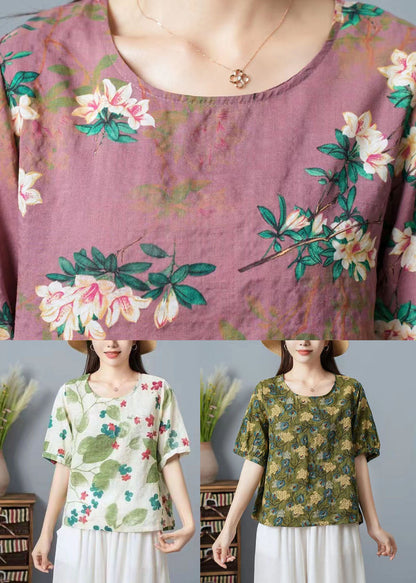 Green O Neck Print Patchwork Cotton T Shirt Top Summer