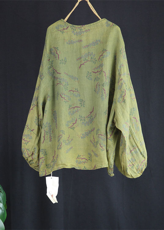 Green O Neck Print Patchwork Linen Top Lantern Sleeve
