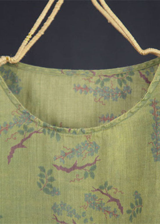 Green O Neck Print Patchwork Linen Top Lantern Sleeve