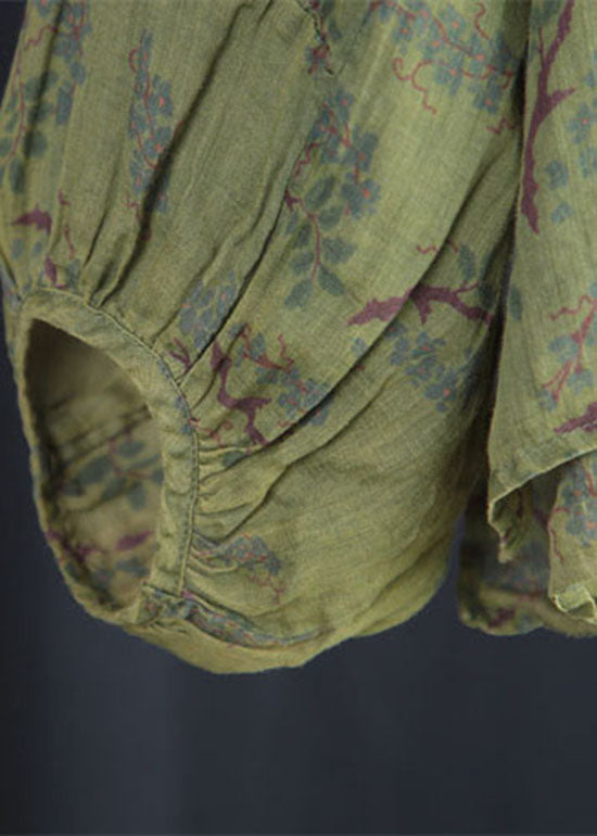 Green O Neck Print Patchwork Linen Top Lantern Sleeve