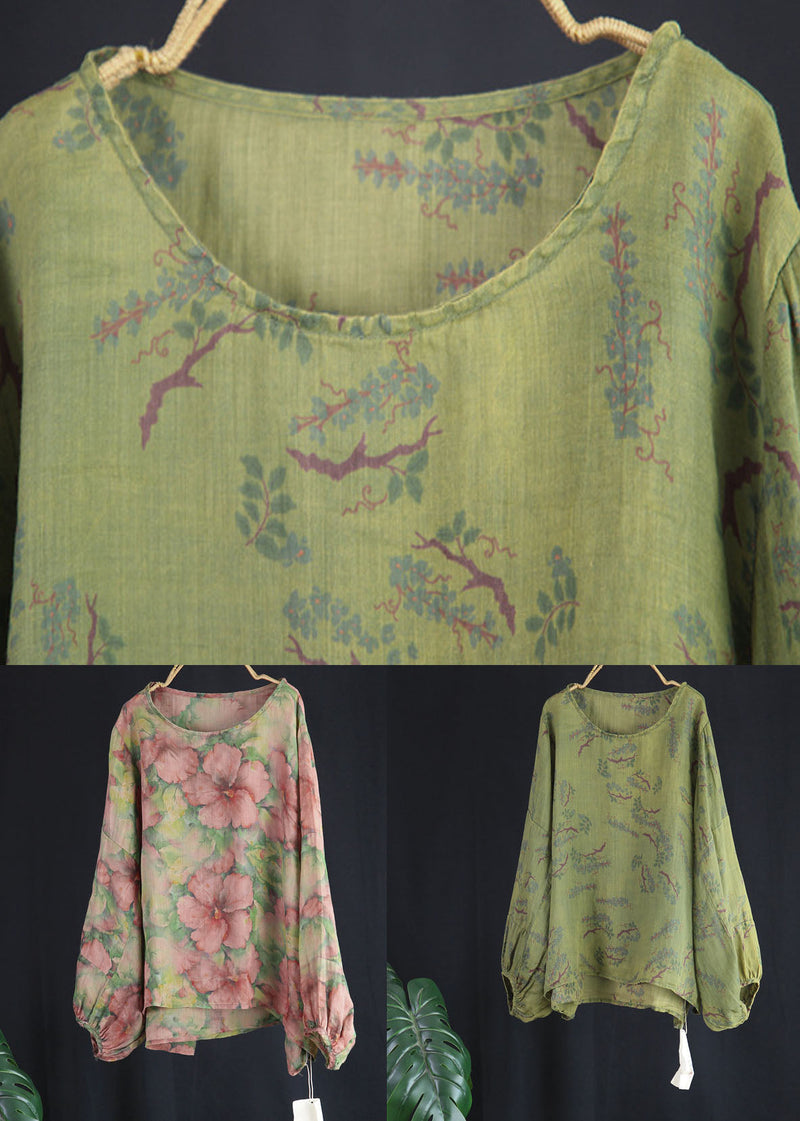 Green O Neck Print Patchwork Linen Top Lantern Sleeve