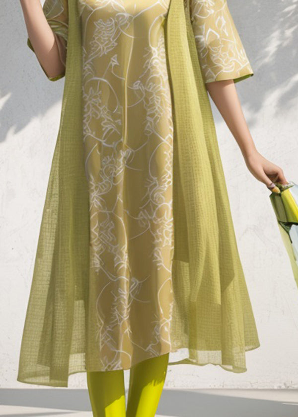Green O Neck Print Patchwork Silk Dresses Summer