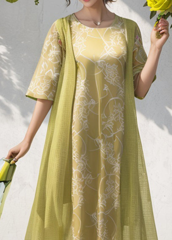 Green O Neck Print Patchwork Silk Dresses Summer