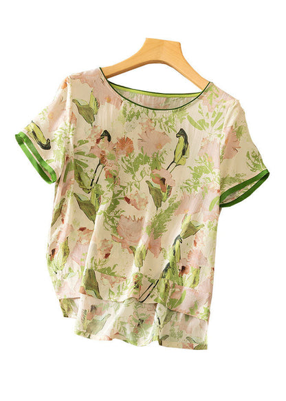 Green O Neck Print Silk T Shirts Short Sleeve