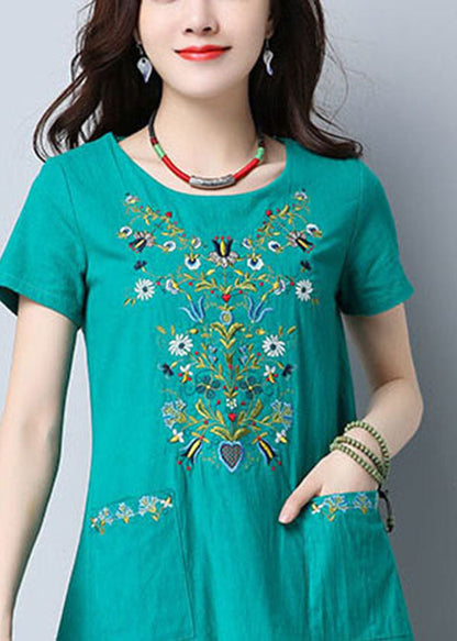 Green O-neck Side Open Embroideried Pockets Cotton Dresses Short Sleeve